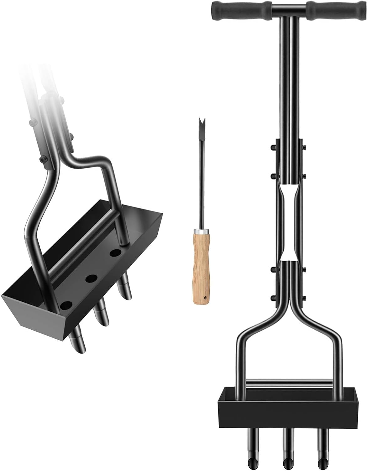 vanpein Lawn Aerator Coring Tool Plug Aeration Manual 3 Core with Core Collection Storage Box, Hollow Tine Plug Core Aerators for Compacted Soils and Lawns Yard Garden, Black-3 Tine