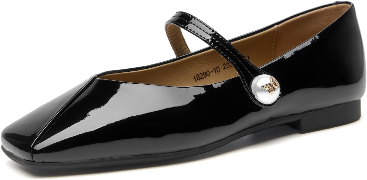 BEAU TODAY Womens Mary Janes, Genuine Leather Maryjane Flats for Women, Comfortable Ballet Flats with Adjustable Strap, Casual Square Toe Slip On Dressy Flat Shoes