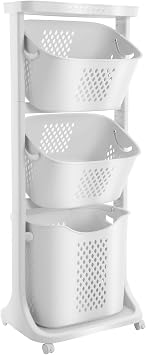 Laundry Hamper Basket Sorter, 3 Tier Laundry Sorter Cart with Heavy Duty Lockable Rolling Wheels, Wash Clothes Storage Basket Organizer Shelf Space Saving, for Bathrooms Bedrooms White