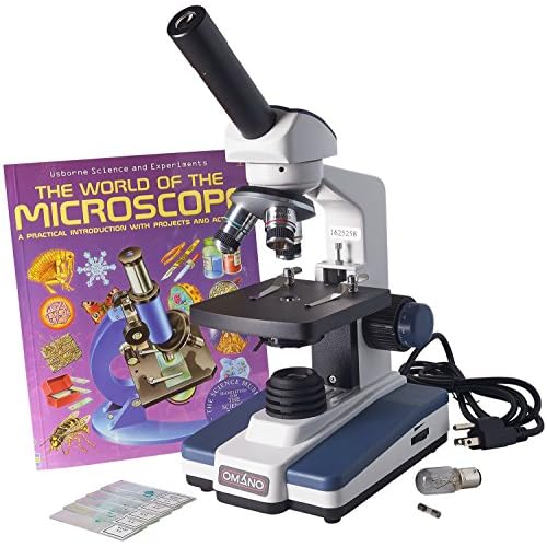Omano OM118M3 - 40x-400x - Full Size - All Metal - Monocular - Compound Student Microscope - Top 10 Reviews Ranking - Illustrated Experiment Book - 5pc Prepared Slides