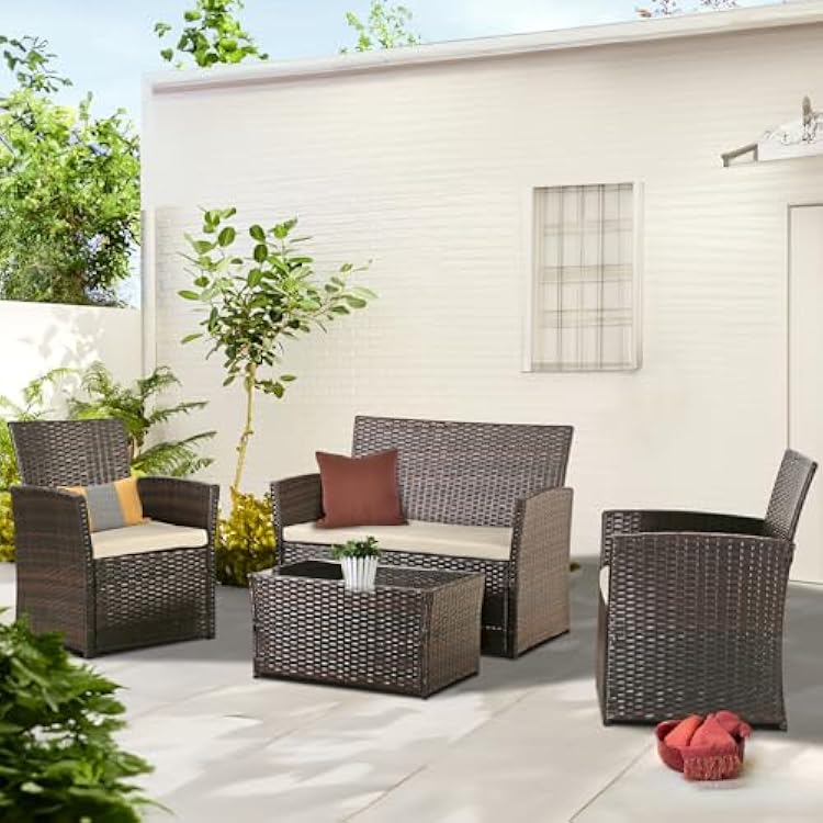 PORWEY Patio Outdoor Furniture 4 Pieces Sectional Sofa Set Balcony Furniture Wicker Rattan Chairs with Table and Loveseat for Garden, Porch, Backyard, Brown WickerBeige Cushion