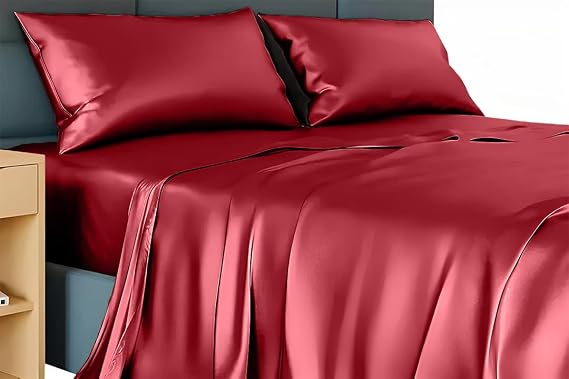 Cal King Silk Sheet Set 6 Piece True Silk Sheets Set - Hotel Luxury Bed Sheets - Extra Soft - 23'' Deep Pocket - Breathable & Cooling - Wrinkle Free - Comfy-Burgundy Bed Sheets