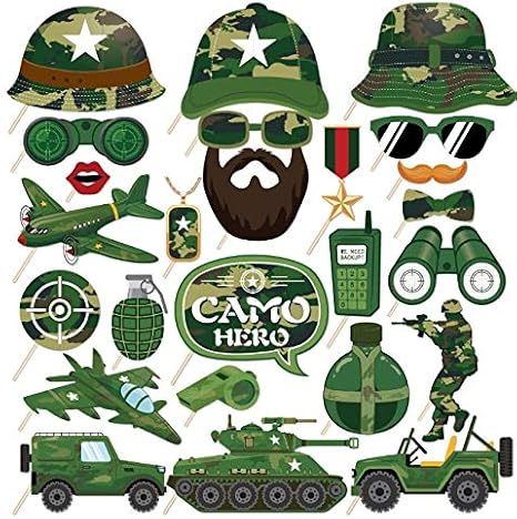 25Pcs Camo Photo Booth Props with Stick, Army Theme Selfie Props, Camouflage Military Birthday Party Supplies, Soldier Photography Backdrop Decorations