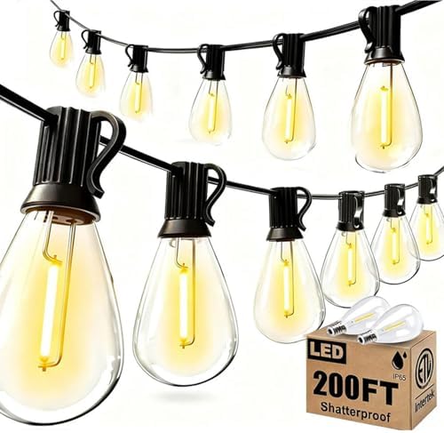 200FT Outdoor String Lights, LED Patio Lights with 62 Shatterproof S11 Edison Bulbs, Ultra Long Waterproof Hanging Lights for Backyard Deck Porch Party Decor Commercial Use 2700K