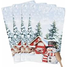 Kitchen Towels Xmas Snowman Pine Tree Farmhouse Dish Towels-4 Pack,Highly Absorbent Tea Towel with Hanging Loop,Winter Snowflakes Blue Ombre Soft Hand Towels for Drying and Cleaning Dishes