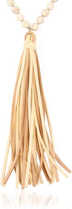 RIAH FASHION Bohemian Tassel Statement Necklace - Lightweight Fabric Faux Suede Fringe Long Bead Chain