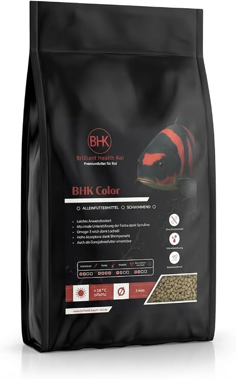 BHK - Koi Food Color 5 kg Floating 3 mm Pellets - Color Food with Spirulina & Salmon Oil - Premium Koi Food without Bone Meal for Koi Color &