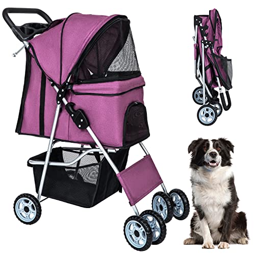 BestPet Pet Stroller Dog Cat Jogger Stroller for Medium Small Dogs Cats Folding Lightweight Travel Stroller with Cup Holder Purple, 4 Wheels