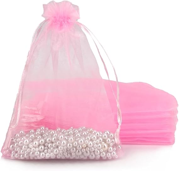 Pink Gift Bags, 100 PCS Organza Bags(5x7 inch), Satin Jewelry Gift Bags with Drawstrings, Holiday Candy Goodie Treat Cookie Mesh Sachet Pouch Bags for Wedding Party Favors Supplies Bulk Stocking Sack