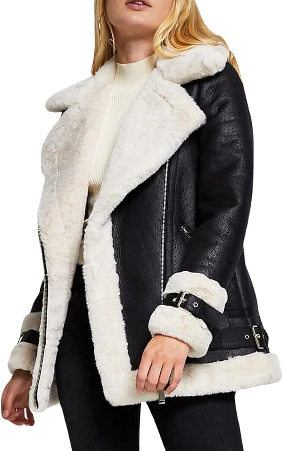 Womens B3 Aviator Leather Bomber Jacket with Faux Fur Lining