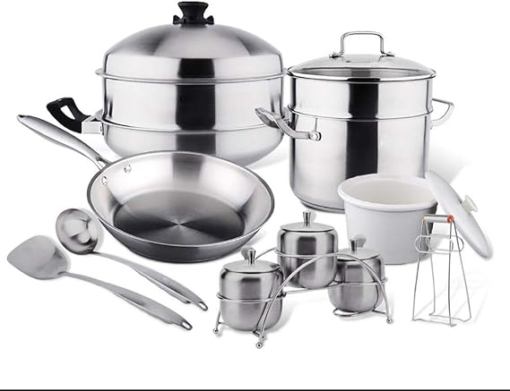 Kitchen Cookware Set 9 Piece Pot Stainless Steel Nonstick Cookware Set and Pan Clad Kitchen Set Stainless Steel Cookware Set Color: Silver, Size: Free Size