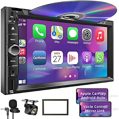 Double Din car Stereo with CDDVD Player- CarPlay & Android Auto, Car Audio with Bluetooth 5.2, 7 Inch HD Touchscreen, Rear Camera, USBTFAUX, Subwoofer, AMFM Radio Receiver