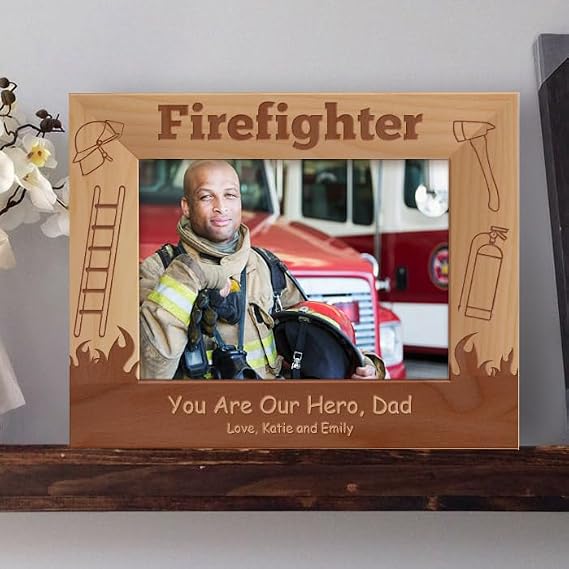Firefighter Personalized Wooden Picture Frame-7" x 5" Brown Horizontal