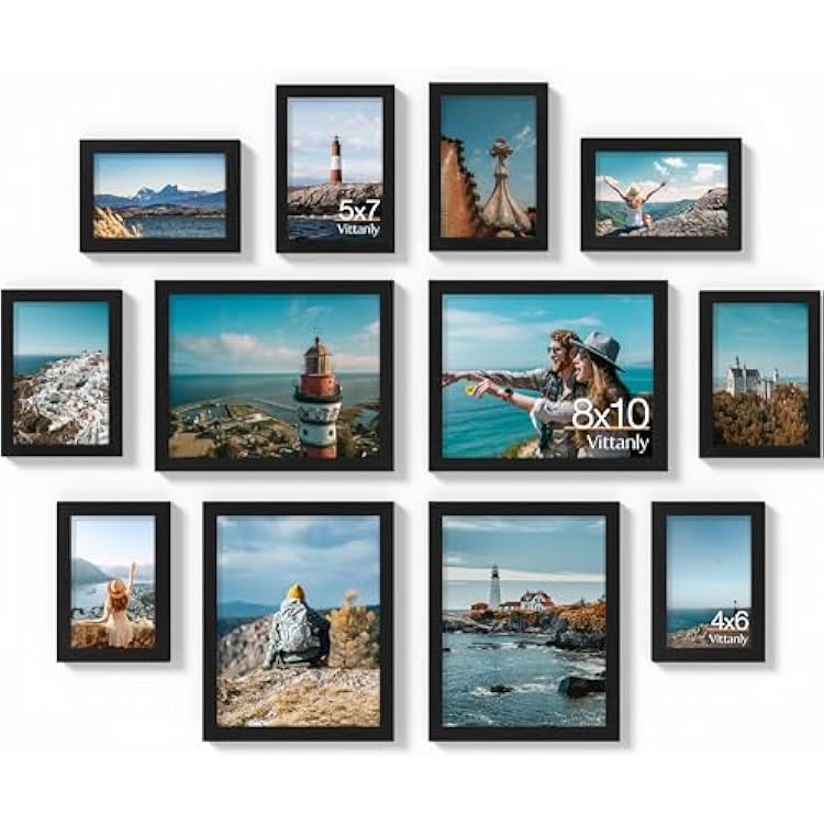 Vittanly 12 Pack Picture Frames Collage Wall Decor for Mounting or Tabletop Display, Gallery Wall Frame Set for Family, Multi Sizes Including 4pcs 8x10, 4pcs 5x7, 4pcs 4x6, Black