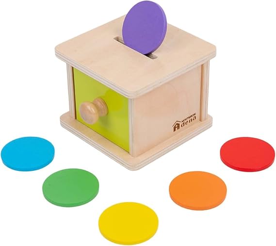 Adena Montessori Coin Box, Yellow-Green Door, 6-12m | 6 wooden coins. Flip-top door & drawer. Teaches object permanence & fine motor. Montessori toy. Gift 6-12m.