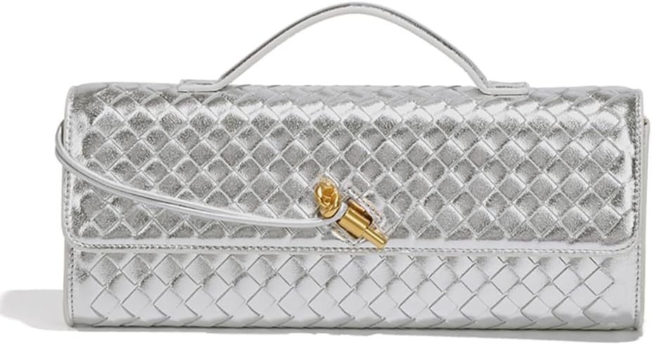 Dreubea Women's Handmade Woven Evening Bag Casual Leather Shoulder Handbag Fashion Crossbody Clutch Purse Silver