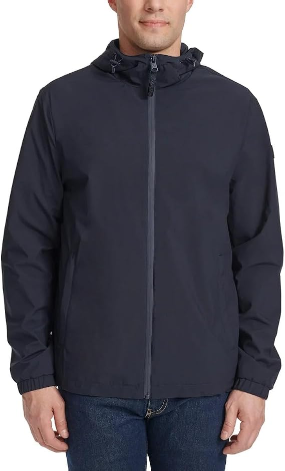 Calvin Klein Mens Full Zip Hooded Windbreaker Jacket - Lightweight Two Front Zip Pockets