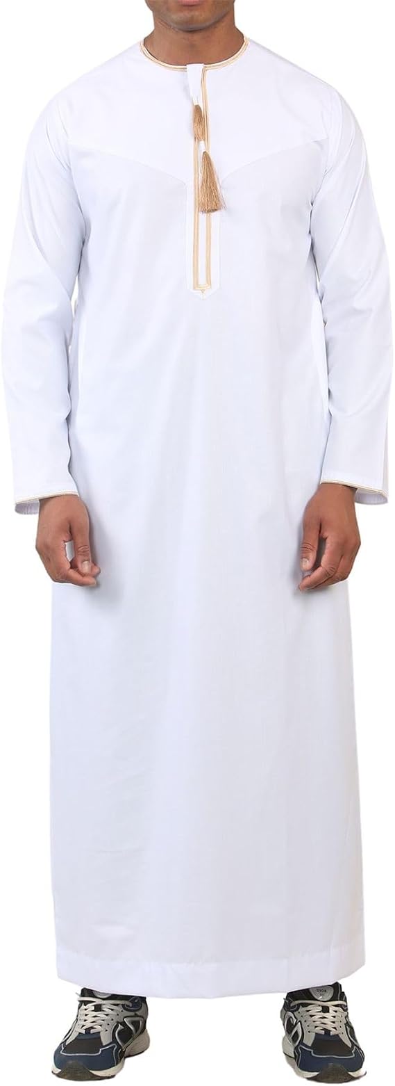 Men's Thobe Emirati Omani Jubba Islamic Clothing Muslim Kaftan Eid Robe Arab Gold Tassel Embroidery