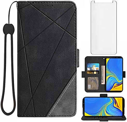 Asuwish Compatible with Samsung Galaxy A9 2018 Wallet Case and Tempered Glass Screen Protector Flip Cover Card Holder Cell Accessories Phone Cases for Glaxay 9A Star Pro A9S A920 A920F Women Men Black