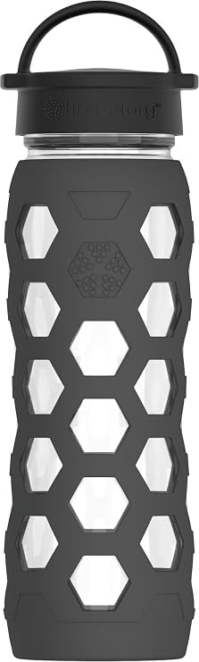 Lifefactory 22oz Glass Water Bottle with Classic Chug Cap, Carbon | Protective Silicone Sleeve, Chug Cap, Carry Handle, BPA Free, Reusable, Dishwasher Safe