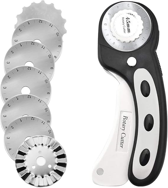45mm Rotary Cutter with 7pcs Replacement Blades, Ergonomic Handle Rolling Cutter with Safety Lock for Fabric, Leather, Paper, Crafting, Sewing, Quilting, Perfect for Left & Right Hand(Black)