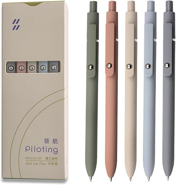 GACHUGOODS - Morandi 5pcs Aesthetic Gel Pens Quick Dry Ink Fine Point Premium Retractable Rolling Ball Black Ink Smooth Writing for School Office Home School Supplies Gifts for Women