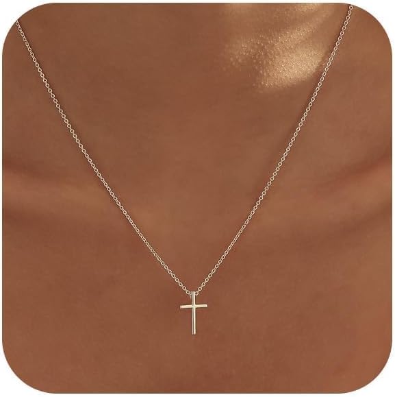 Cross Necklace for Women, Small 14K Gold Plated Cross Pendant Necklace | Cute Choker Necklace, Non Tarnish Gold Necklace, Trendy Religious Faith Gold Jewelry, Baptism Gifts