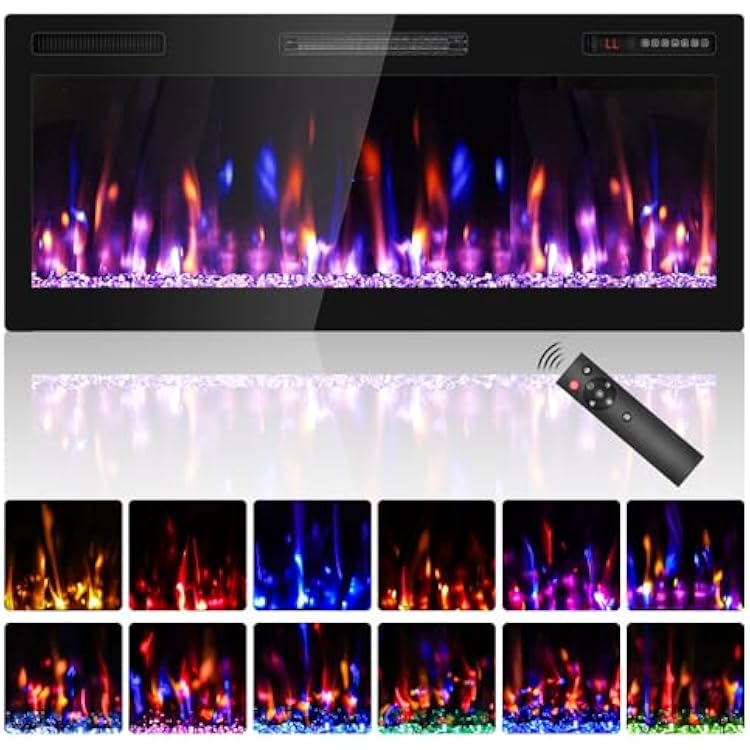 BREEZEHEAT 42 Inch Electric Fireplace Recessed and Wall Mounted, Ultra Slim Linear Fireplace Heater 7501500W wCrystal, HD Realistic Flame, Lower Noise, 8H Timer