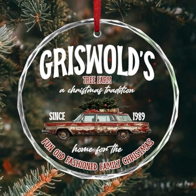 National Christmas Movie Vacation Ornament, Griswolds Tree Farm Family Tradition Design, Vintage Car with Christmas Tree, Retro Holiday Glass Ornament Gift for Friends Family