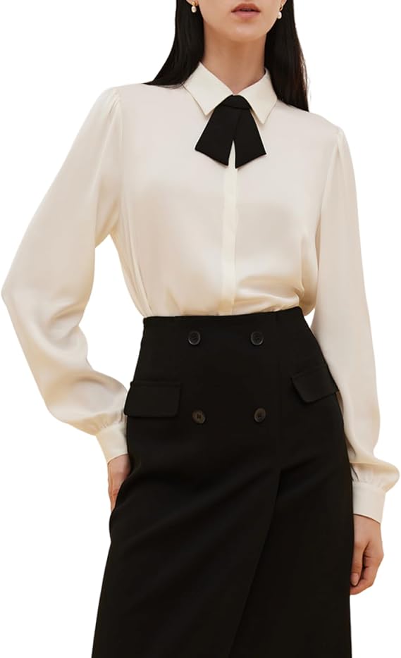 GOELIA Blouses for Women Dressy Casual Long Sleeve Bow Tie Neck Button Down Shirts Office Work Blouse Tops