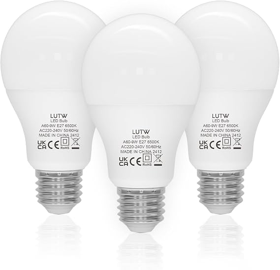 E27 Screw Bulb, 9W = 60W 900LM, Cool White 6500K, 3 Pack | Super Bright A60 LED Light Bulb, Energy Saving Light Bulbs Screw for Home Lighting, Non-dimmable, No Flicker [Energy Class F]