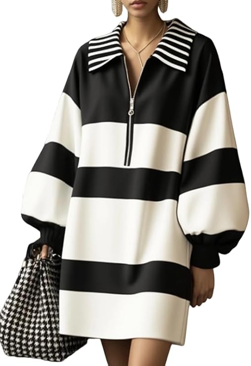 UOOZEE Women's Oversized Striped Polo Dress Half Zip Collared Long Puff Sleeve Spring Fall Mini Dresses