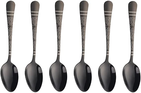 Black Unique Pattern Design Coffee Espresso Spoons Mini, Mingcheng Stainless Steel Small Teaspoons Silverware Set of 6, BISDARUN 5.5 Inches Food Spoons for Demitasse Dessert Tea