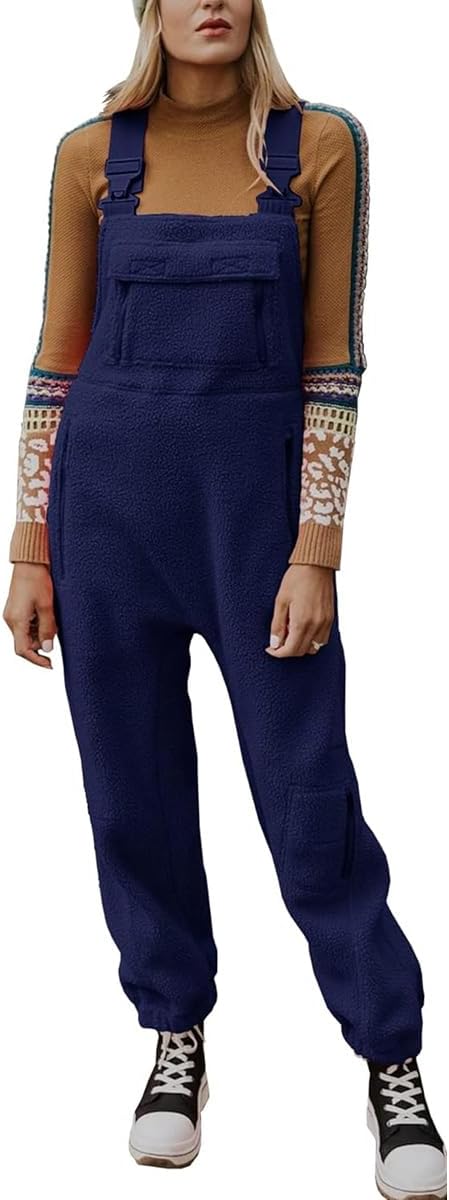 Women's Winter Fleece Warm Overalls Casual Adjustable Strap Sleeveless Loose Jumpsuits with Pockets
