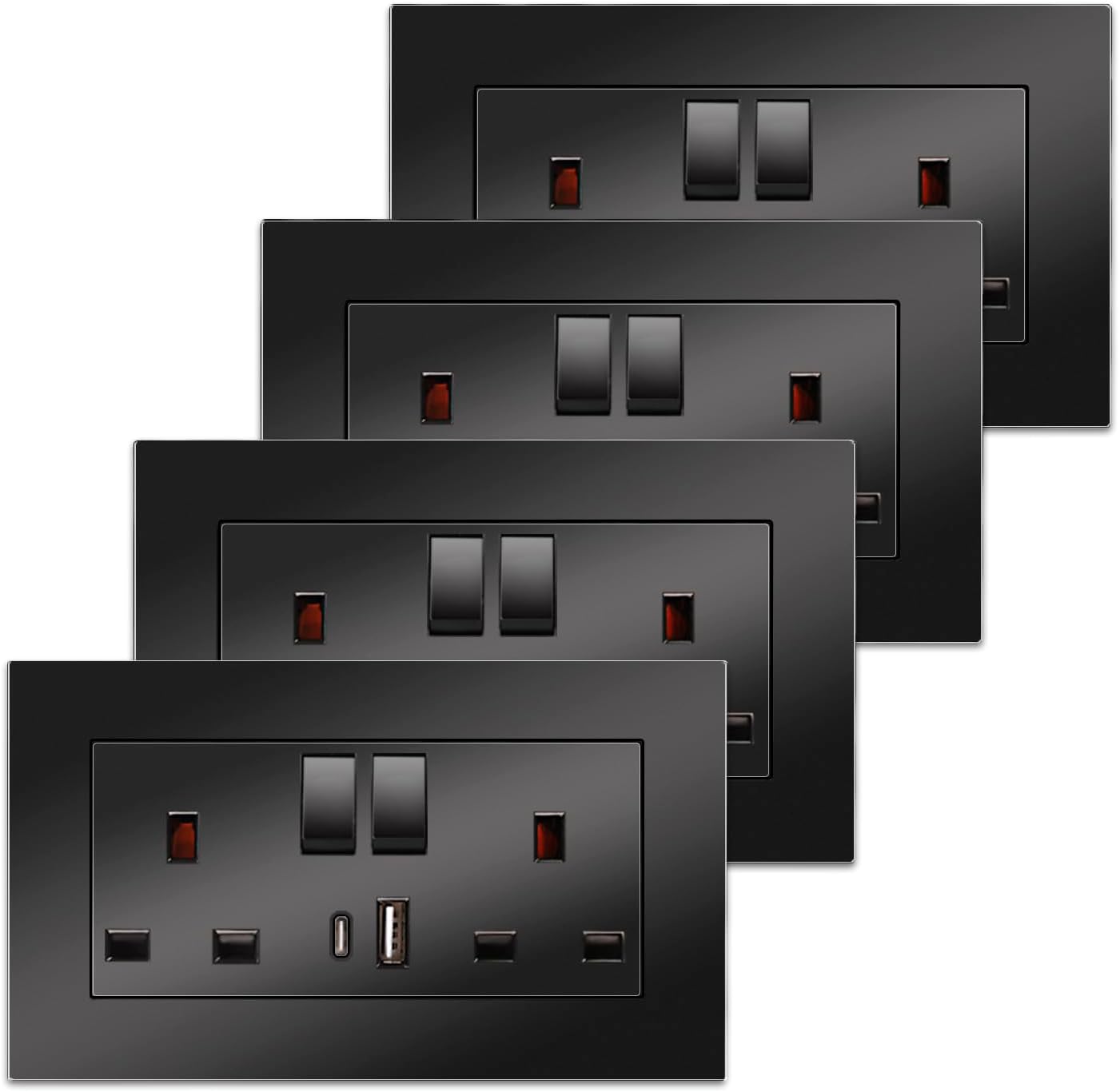 4 Pack CNBINGO Double Switched Power Socket with Dual USB Charging Ports (Type A and C), Black 13 Amp Electric Wall Socket