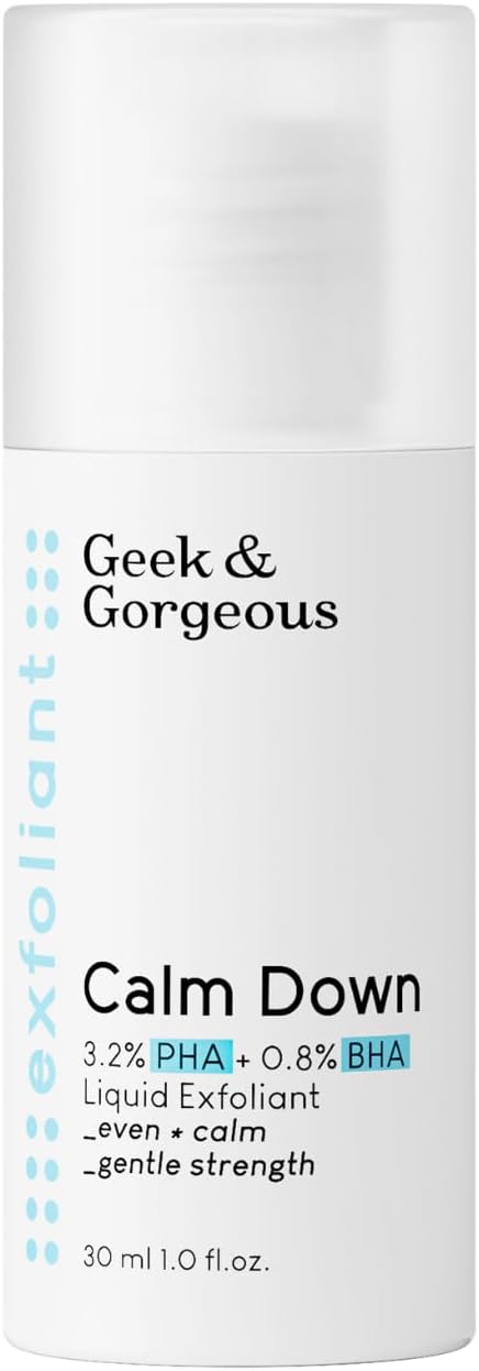 Geek & Gorgeous Calm Down 4% PHA + BHA Liquid - liquid exfoliant, gives healthy glow while soothing, protecting & hydrating skin - all skin types, 30ml
