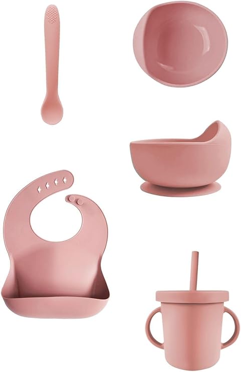 Meleni Baby 4'lü Silikon Beslenme Seti - Mama Önlüğü - Vakumlu Mama Kasesi - Pipetli Bardak - Kaşık - Pembe