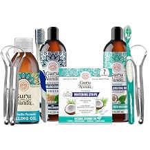 GuruNanda Advanced Formula Oil Pulling with Tongue Scraper, Original Oil Pulling, Mickey Ds Coconut and Peppermint Oil Pulling & Express Whitening Strips- for Fresh Breath & Healthy Teeth & Gums