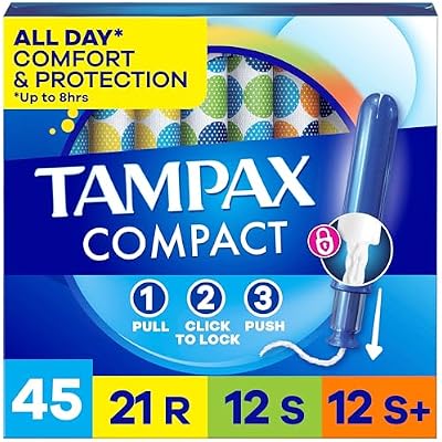 Tampax Compact Pearl Tampons for Women Multipack, with LeakGuard Braid & Extendable Applicator, RegularSuperSuper Plus Absorbency, Compact Extendable Applicator, Unscented, 45 Count