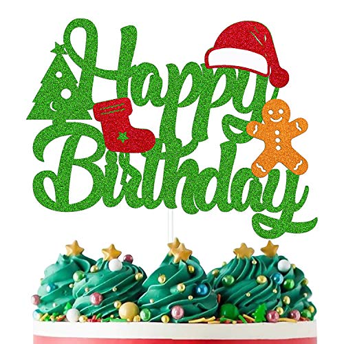 Christmas Birthday Cake Topper Happy Birthday Cake Decorations for Merry Christmas Santa Claus Winter Snowman New Year Themed Boys Girls Kids Bday Party Supplies Green Sparkle Decor