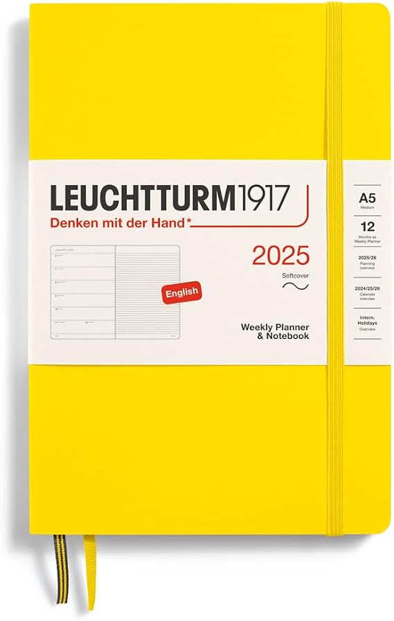 LEUCHTTURM1917 370752 Weekly Calendar & Notebook 2025, Medium A5 Softcover - 12-Month Planner, Lined - Lemon, English