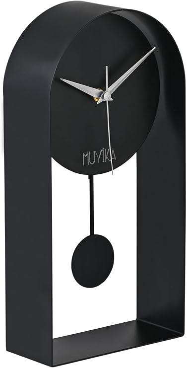 Muyika Masa Saati Sarkaçlı Metal Siyah Renk Sessiz Mekanizma Dekoratif Modern Tasarım 32X16Cm Mms Myk3000-1