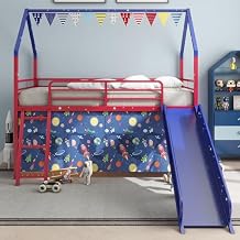 Loft Bed Twin Size Loft Bed with Toddler Slide&Guardrail,House Shaped Twin Loft Bed with Curtain Banner Star Stickers for Boys/Girls, Bunk Bed for Kids,Easily Assemble(Blue loft bed with blue slide)