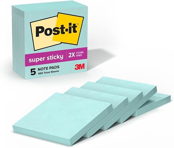 Post-it Super Sticky Notes, 3 x 3 in, 5 Pads, 90 Sheets/Pad | School Supplies and Office Supplies, 2X the Sticking Power