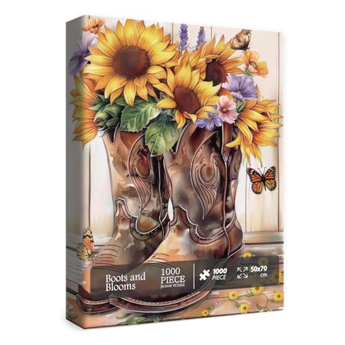 Colorful Flower Puzzles for Adults 1000 Pieces, Beautiful Sunflower Cowboy Shoe Jigsaw Puzzles, Challenging Butterfly Plant Floral Boot Puzzle