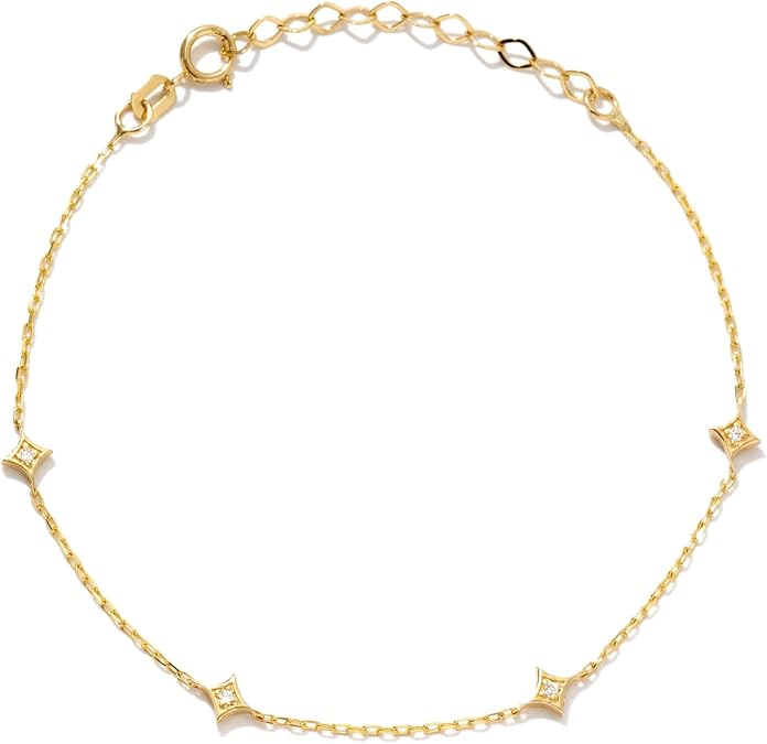 Gelin 10K Solid Gold Diamond Star Station Bracelet for Women - Dainty Four Point Star Chain Bracelet