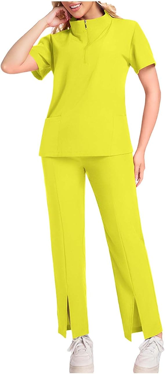 Scrub for Women Set Short Sleeve Mock Neck Tops with Zip Up Straight Tube Split Pants Summer Breathe Scrubs Sets