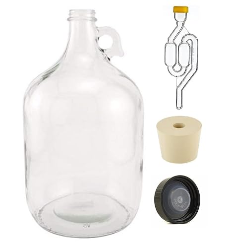 North Mountain Supply 1 Gallon Glass Fermenting Jug with Handle, 6.5 Rubber Stopper, Twin Bubble Airlock, Black Polyseal Lid