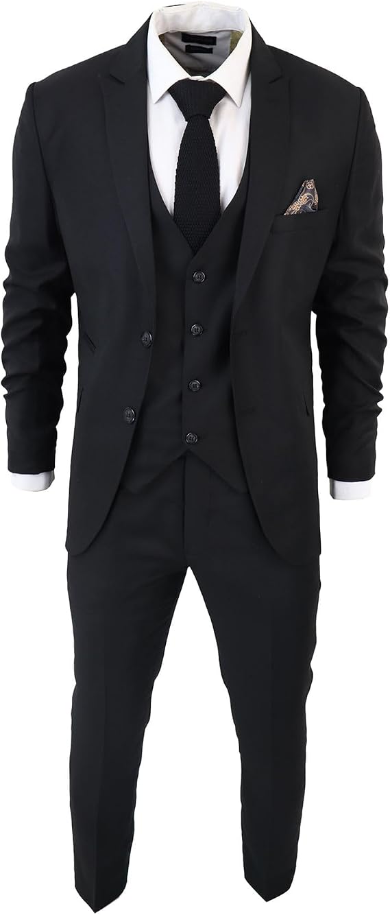 Men's Classic Black Suit 3 Piece Tailored Fit Vintage Office Funeral Security Waiter Wedding