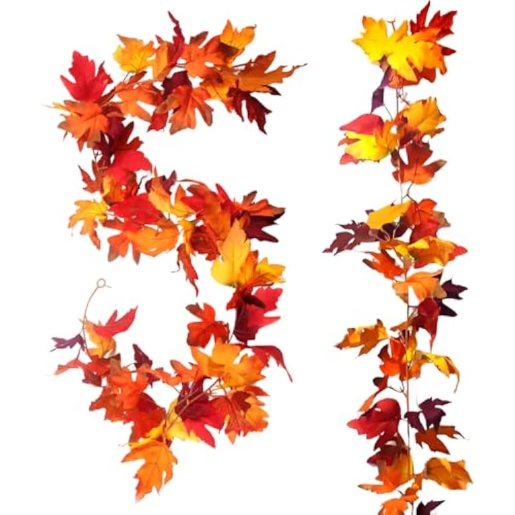 2 Pack Fall Maple Leaf Garland, 5.9FtPiece Hanging Artificial Foliage Decorations, Thanksgiving Decor for Autumn Party Home Outside Indoor Table FireplaceMaple Leaf 1